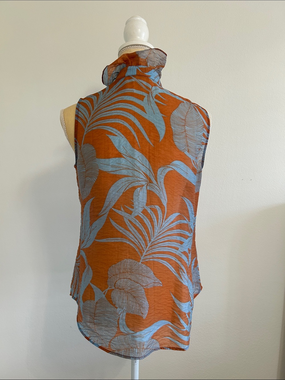 CAbi Rust & Sky Blue Ruffled Mock-Neck Botanical Shell - Picture 4 of 8
